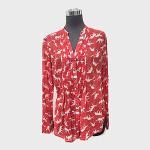 Maeve by Antrhopologie Button Up Shirt Women 2 Red Woven Cat Print Long Sleeve
